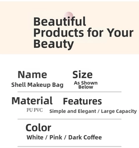 Detailed spec chart showing shell makeup bag materials in PU and PVC with size info