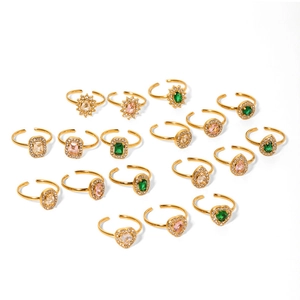 Detailed grid of vintage gold adjustable rings with colorful zircon in various shapes