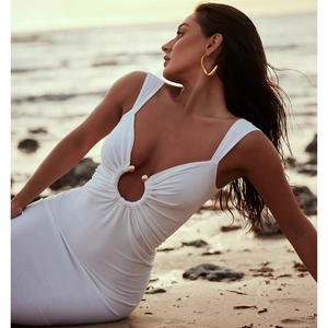 Abito Maxi Sexy Scollo A V Schiena Scoperta Ritaglio Poliestere Elastan Con Anello Metallico Slim Fit Spacco Alto Spiaggia Party