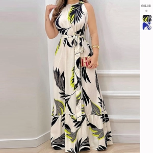 Robe Longue Dos Nu Femmes Imprimé Fleuri Sans Manches Taille À Lacets Ourlet À Volants Vacances D'été Décontracté