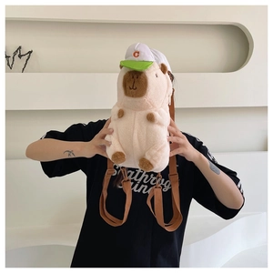 Detail of plush Capybara backpack featuring a white cap and brown adjustable nylon straps