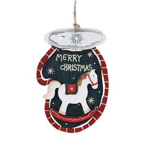 Pendentif gant de Noël en bois avec cheval à bascule blanc et texte Merry Christmas