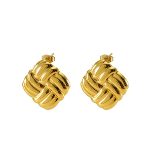 Square woven knot stud earrings in polished 18K gold plated stainless steel