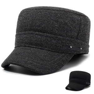 Men Winter Wool Blend Cadet Cap With Ear Flaps Warm Military Flat Top Hat Windproof Adjustable