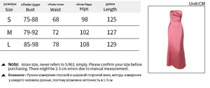 Detailed size chart for strapless backless satin dress showing S to L measurements