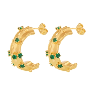 18k gold plated geometric C-shaped earrings with green glass stones for women