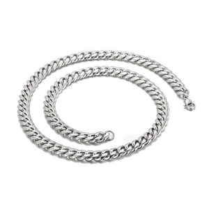 Polished silver stainless steel 8mm Cuban link chain necklace with a lobster clasp