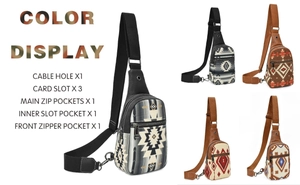 Ethnic bohemian canvas sling bag featuring Southwest patterns and multi-zipper compartments