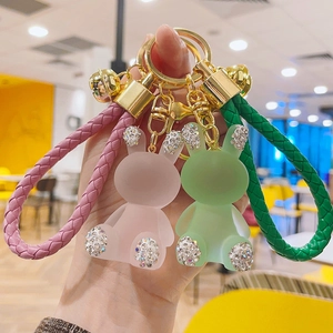 Cute Frosted Resin Rabbit Keychain With Rhinestone Inlay Golden Bell Woven Rope Bag Pendant Car Keyring For Women Gift