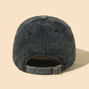 Washed dark grey cotton baseball cap with adjustable metal buckle back closure
