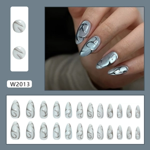 24pcs silver cat eye press on nails with black flame patterns and long almond shape
