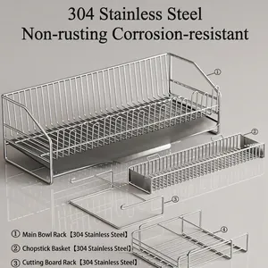 304 stainless steel dish drying rack set with cutlery holder and cutting board stand