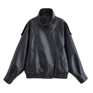 Veste En Similicuir Pour Femmes Oversize Col Montant Streetwear PU Moto Manteau Noir Manches Longues Décontracté