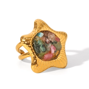 Adjustable gold star ring with colorful natural stones and textured relief surface