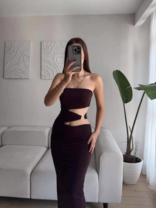 Deep brown bodycon maxi dress with waist cut-outs and metal ring details