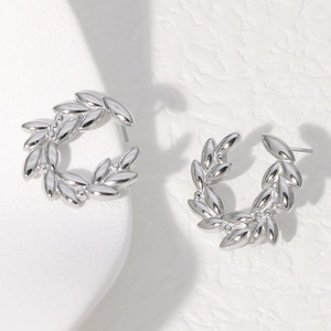 Minimalist silver leaf stainless steel stud earrings in olive branch wreath design