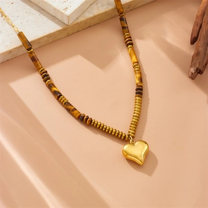 Tiger eye stone heart necklace in gold stainless steel with vintage Maillard style design