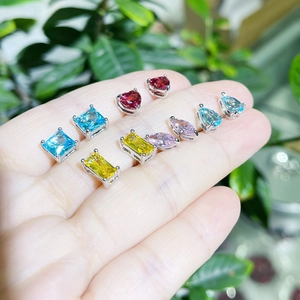 Colorful zircon crystal stud earring set with various gem cuts on silver base