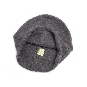 Unisex dark grey rabbit fur knit beanie hat featuring thick texture and internal care label