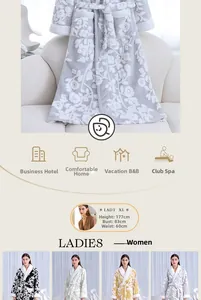 Detail view of jacquard plush bathrobe with floral pattern and size specifications