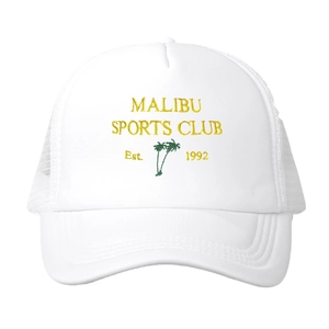 White Malibu Sports Club mesh trucker hat with yellow embroidery and palm tree logo