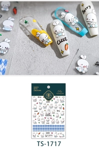 Detail view of TS-1717 nail stickers featuring cute cartoon rabbit and blue plaid patterns