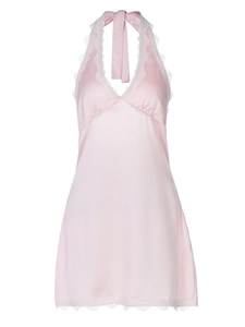 Elegant pink satin halter mini dress with white lace trim and bow-tie back detailing
