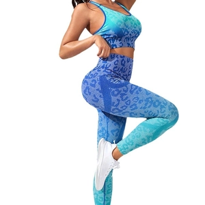 Seamless blue gradient leopard print yoga set with high waist leggings and sports bra