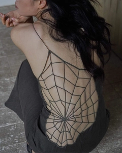 Detailed back view of backless maxi dress with intricate spider web crochet pattern