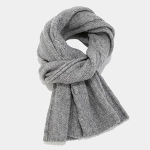 Detailed view of thick dark grey knit scarf with classic vertical ribbed texture and soft feel