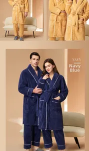 Navy blue and yellow thick plush robes with white piping details and waist belt tie