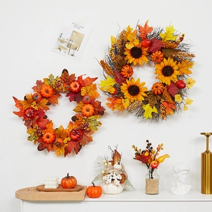Artificial Wreath Halloween Autumn Decoration Maple Leaf Pumpkin Sunflower Berry Pinecone For Front Door Wall Hanging