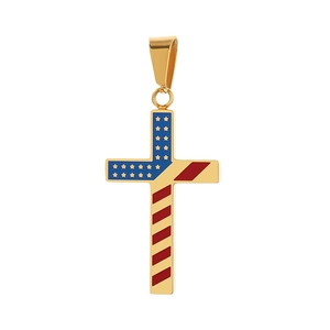 Titanium steel cross necklace with American flag pattern on white background