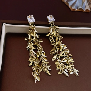 Golden leaf tassel earrings with square zirconia stones and elegant layered metallic fringe