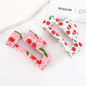 Fashion Women Rectangle Cherry Print Hair Claw Clip Plastic Hollow Out Ponytail Holder Hair Accessory For Girls Daily Use