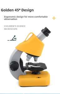 Detail view of portable children's microscope with 10X lens and 45-degree angle design
