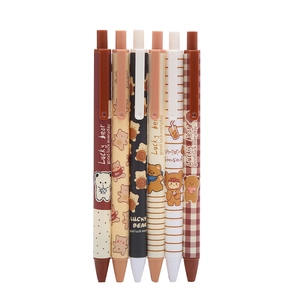 Set of 6 retractable neutral pens with cute cartoon bear designs in earthy brown tones