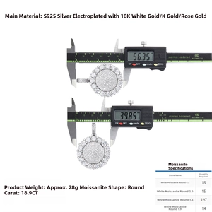 Detailed size measurement of a 56mm hip-hop moissanite pendant using digital calipers