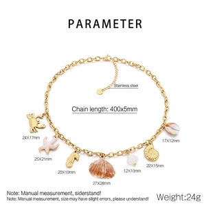 Technical view showing 18K gold plated stainless steel sea charms with detailed dimensions