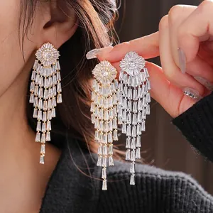 Long Tassel Drop Earrings With Zircon And Silver Earring Post Geometric Luxury Wedding Party Jewelry For Women