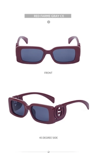 Macro view of burgundy square sunglasses with metallic GG logo on the temple