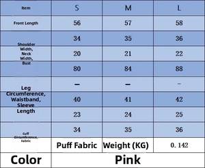 Größentabelle für geblümtes Strickoberteil mit Maßen für S, M und L in Zentimetern