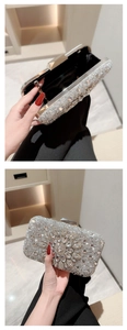 Detailed views of a sparkling silver rhinestone evening clutch with a metal chain strap