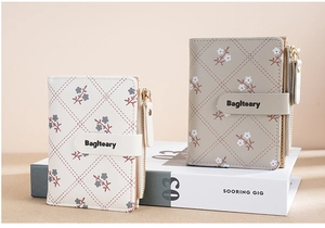 Short PU leather floral wallets for women in beige and khaki with snap closure