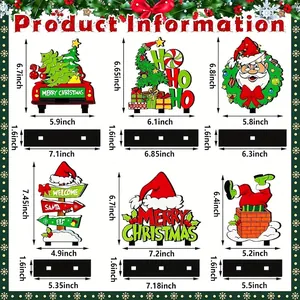 Size chart showing six Christmas wooden signs with dimensions for each festive ornament