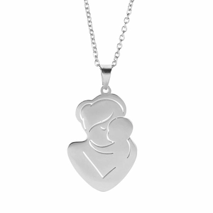 Ethnic style mother and child silhouette necklace in polished silver stainless steel