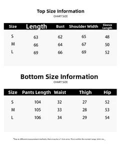 Size chart detail for women's sporty two-piece set including sweatshirt and casual pants