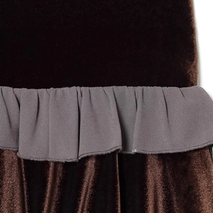 Deep brown velvet and grey plain fabric patchwork mini dress with ruffle pleated detailing