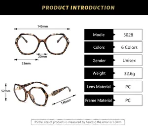 Detailed size chart for polygon TR90 blue light blocking glasses with measurements