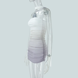 Detail view of the white to purple gradient ruched texture on this bodycon tube dress